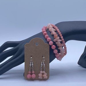Pink Quartzite Stone Tri Bracelet and Earrings